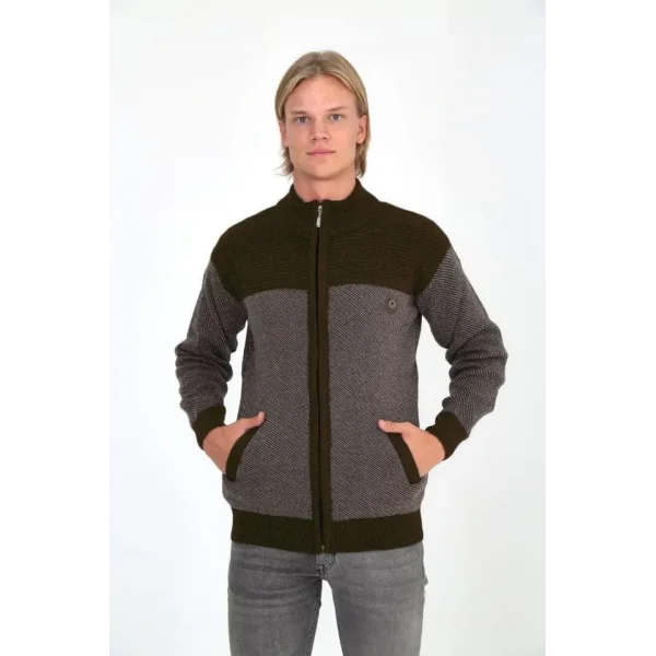 Erkek Fermuarlı Triko Hırka Yüksek Yaka, Cepli, Günlük Şık Rahat Kalıp Triko - Kahverengi