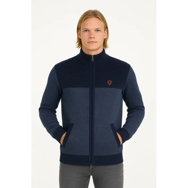 Erkek Fermuarlı Triko Hırka Yüksek Yaka, Cepli, Günlük Şık Rahat Kalıp Triko - Lacivert