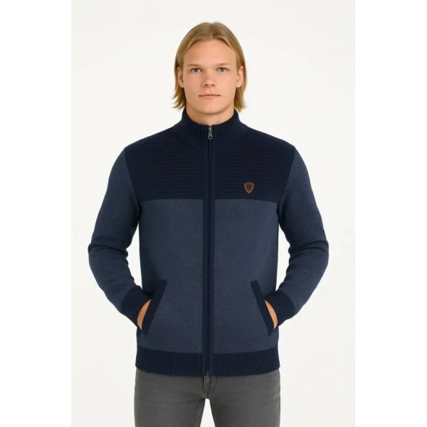 Erkek Fermuarlı Triko Hırka Yüksek Yaka, Cepli, Günlük Şık Rahat Kalıp Triko - Lacivert