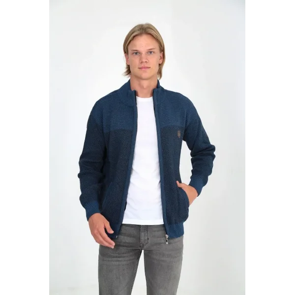 Erkek Fermuarlı Triko Hırka Yüksek Yaka, Cepli, Günlük Şık Rahat Kalıp Triko - Mavi