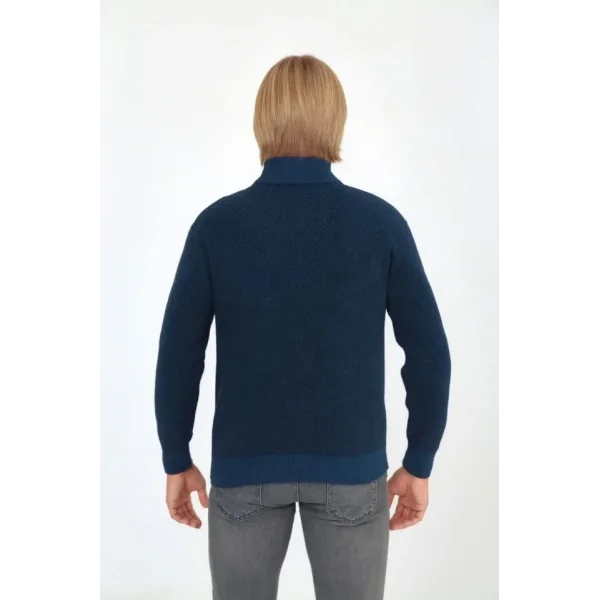 Erkek Fermuarlı Triko Hırka Yüksek Yaka, Cepli, Günlük Şık Rahat Kalıp Triko - Mavi