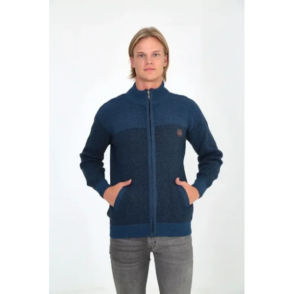 Erkek Fermuarlı Triko Hırka Yüksek Yaka, Cepli, Günlük Şık Rahat Kalıp Triko - Mavi