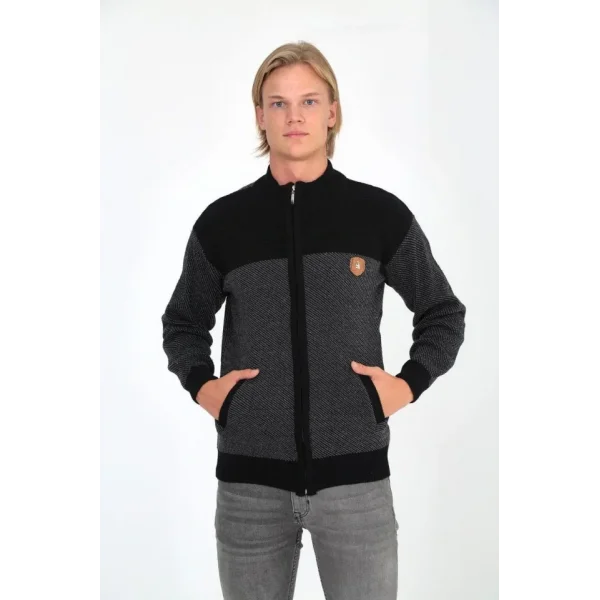 Erkek Fermuarlı Triko Hırka Yüksek Yaka, Cepli, Günlük Şık Rahat Kalıp Triko - Siyah