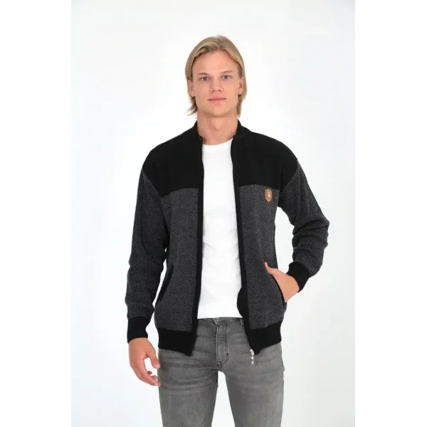 Erkek Fermuarlı Triko Hırka Yüksek Yaka, Cepli, Günlük Şık Rahat Kalıp Triko - Siyah