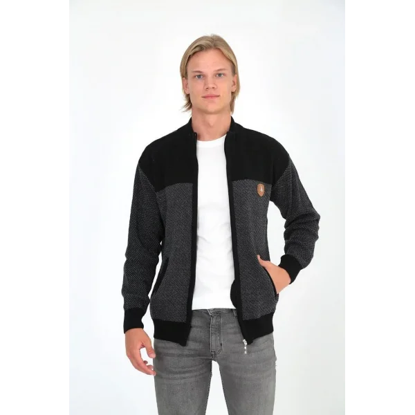 Erkek Fermuarlı Triko Hırka Yüksek Yaka, Cepli, Günlük Şık Rahat Kalıp Triko - Siyah