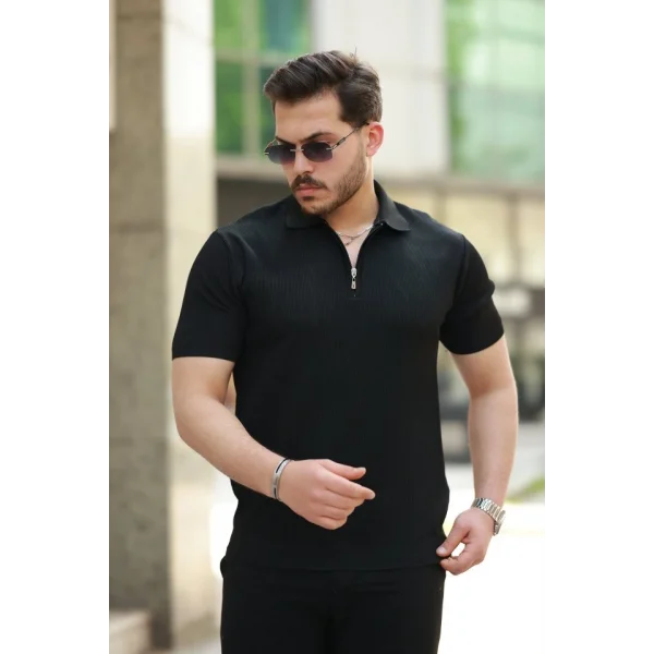 Erkek Fermuarlı Yakalı Kısa Kollu Tshirt