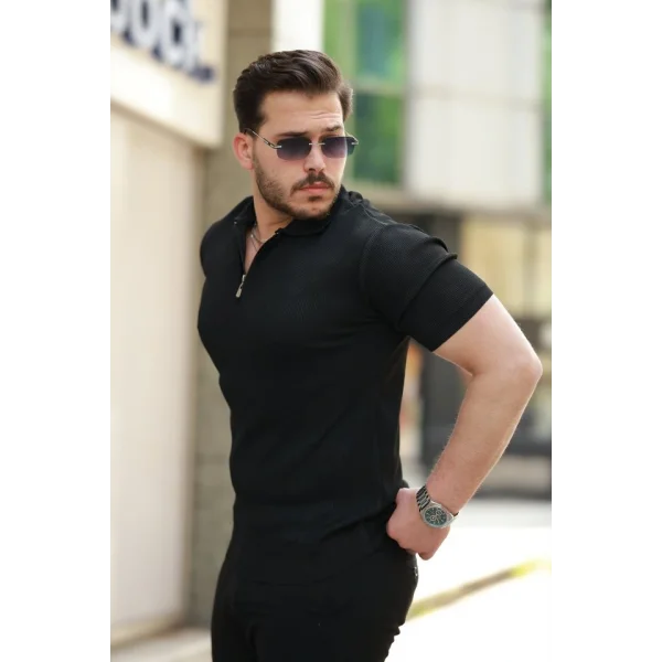 Erkek Fermuarlı Yakalı Kısa Kollu Tshirt