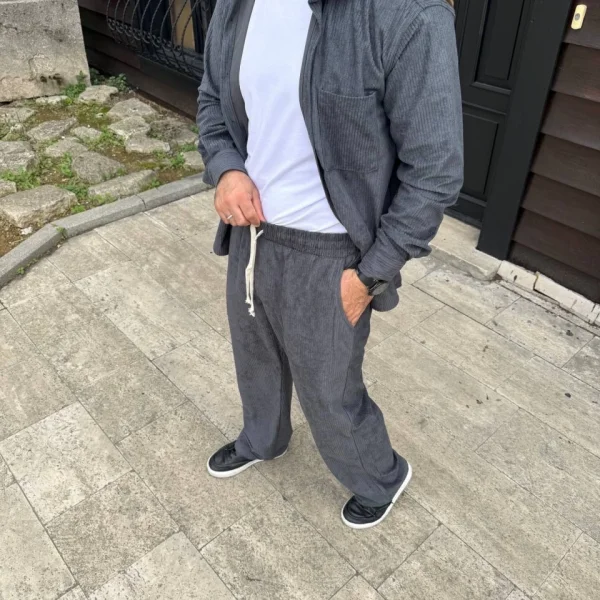 Erkek Fitilli Kadife Cepli Buggy Pantolon Oversize Rahat Kalıp - Füme
