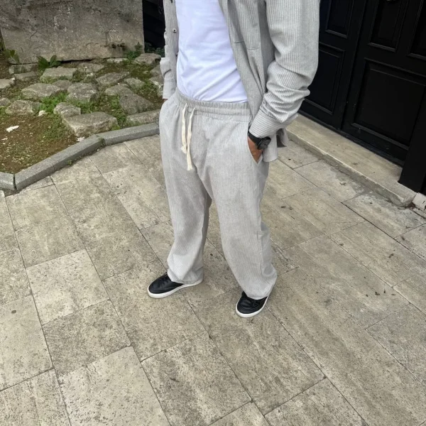 Erkek Fitilli Kadife Cepli Buggy Pantolon Oversize Rahat Kalıp - Gri