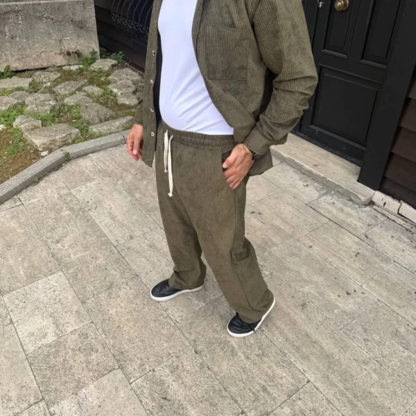Erkek Fitilli Kadife Cepli Buggy Pantolon Oversize Rahat Kalıp - Haki