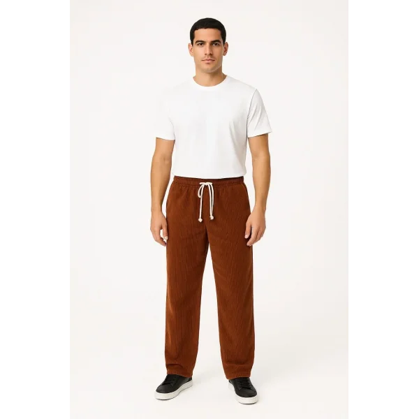 Erkek Fitilli Kadife Cepli Buggy Pantolon Oversize Rahat Kalıp - Kahverengi