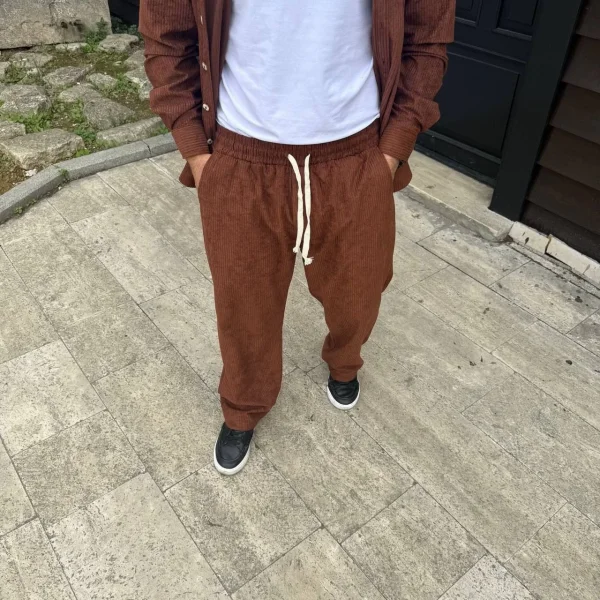 Erkek Fitilli Kadife Cepli Buggy Pantolon Oversize Rahat Kalıp - Kahverengi