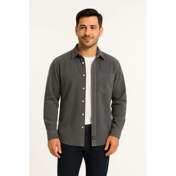 Erkek Fitilli Kadife Cepli Gömlek Oversize Rahat Kalıp - Füme