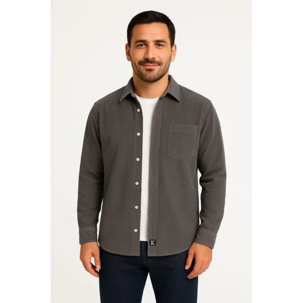 Erkek Fitilli Kadife Cepli Gömlek Oversize Rahat Kalıp - Füme