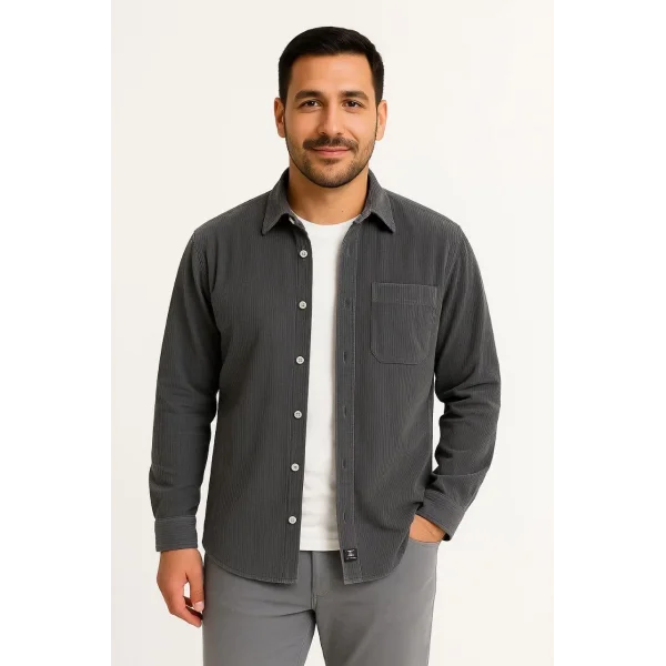 Erkek Fitilli Kadife Cepli Gömlek Oversize Rahat Kalıp - Füme