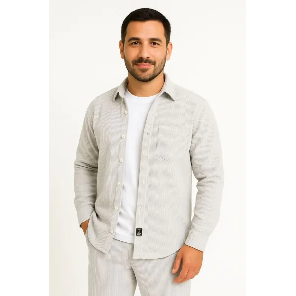 Erkek Fitilli Kadife Cepli Gömlek Oversize Rahat Kalıp - Gri