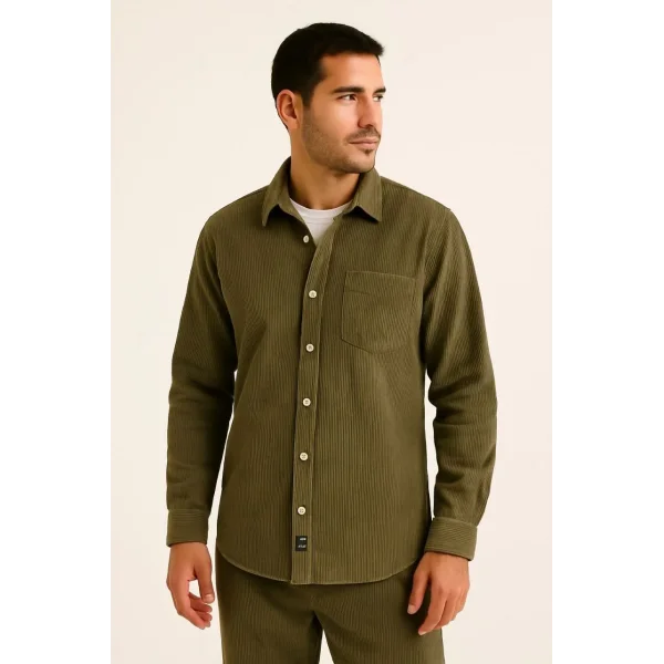 Erkek Fitilli Kadife Cepli Gömlek Oversize Rahat Kalıp - Haki