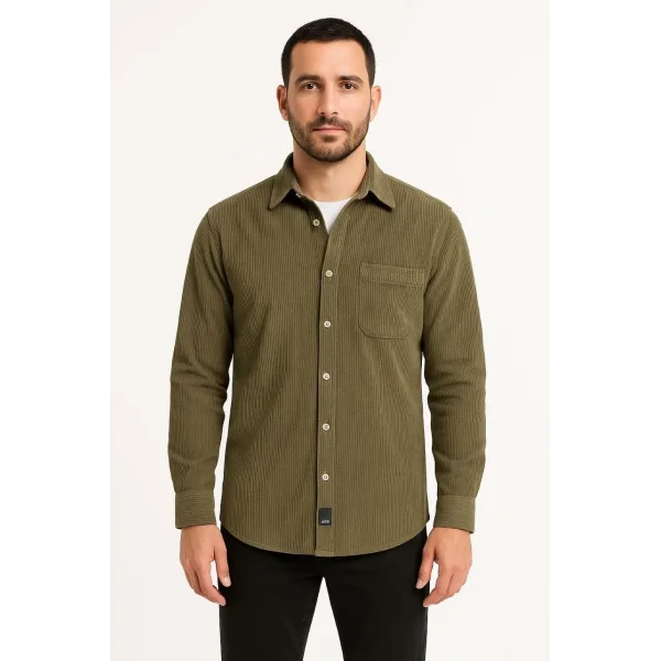 Erkek Fitilli Kadife Cepli Gömlek Oversize Rahat Kalıp - Haki