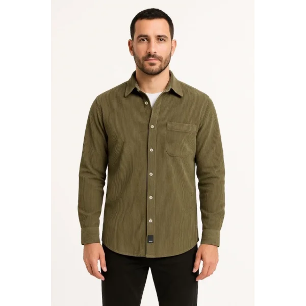 Erkek Fitilli Kadife Cepli Gömlek Oversize Rahat Kalıp - Haki