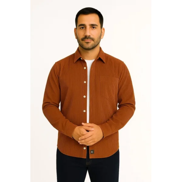 Erkek Fitilli Kadife Cepli Gömlek Oversize Rahat Kalıp - Kahverengi