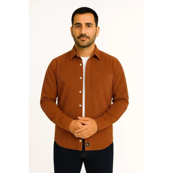 Erkek Fitilli Kadife Cepli Gömlek Oversize Rahat Kalıp - Kahverengi