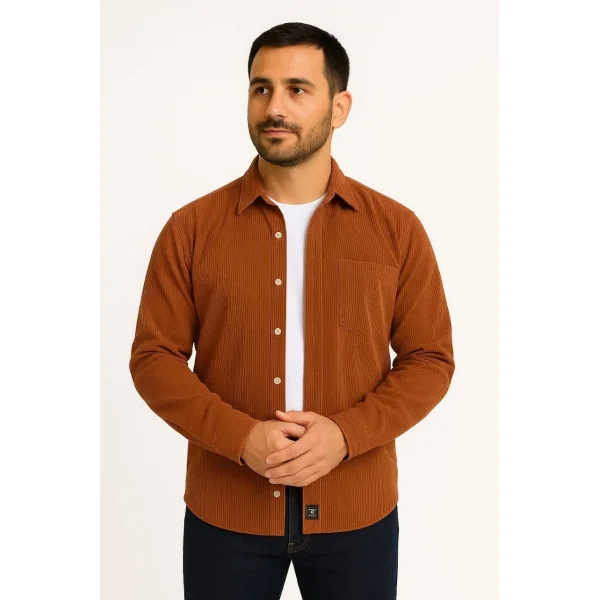 Erkek Fitilli Kadife Cepli Gömlek Oversize Rahat Kalıp - Kahverengi