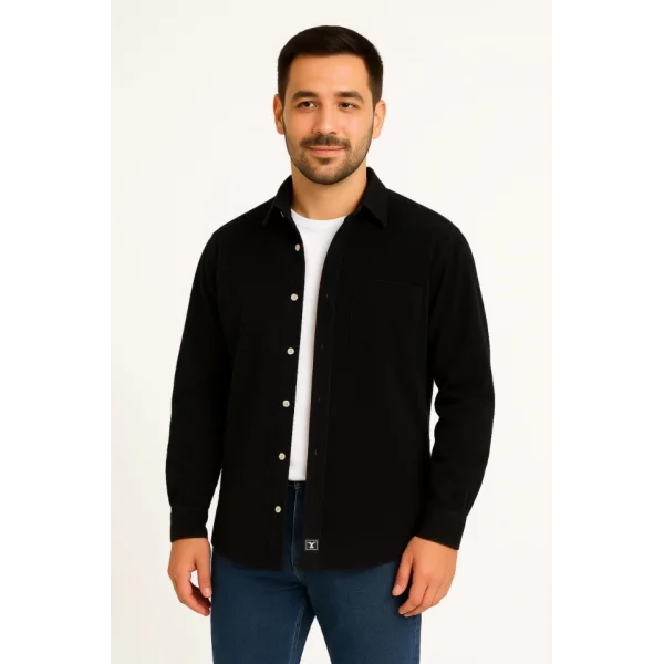 Erkek Fitilli Kadife Cepli Gömlek Oversize Rahat Kalıp - Siyah
