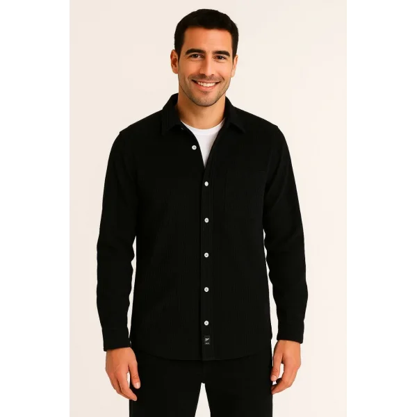 Erkek Fitilli Kadife Cepli Gömlek Oversize Rahat Kalıp - Siyah