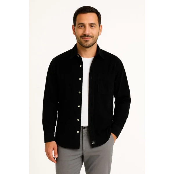 Erkek Fitilli Kadife Cepli Gömlek Oversize Rahat Kalıp - Siyah