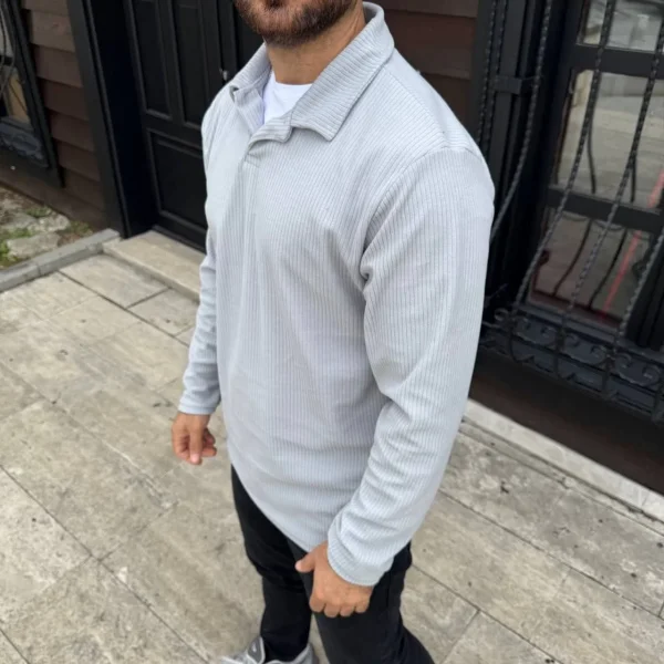 Erkek Fitilli Polar Sweatshirt – Düğmesiz Polo Yaka, Oversize Rahat Kalıp, Kalın Polar Kumaş, Kışlık ve Baharlık Şık Günlük Üst - Gri