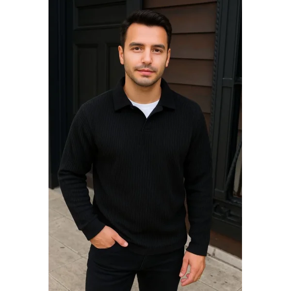 Erkek Fitilli Polar Sweatshirt – Düğmesiz Polo Yaka, Oversize Rahat Kalıp, Kalın Polar Kumaş, Kışlık ve Baharlık Şık Günlük Üst - Siyah