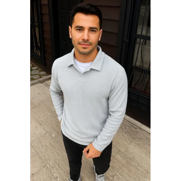 Erkek Fitilli Polar Sweatshirt – Düğmesiz Polo Yaka, Oversize Rahat Kalıp, Kalın Polar Kumaş, Kışlık ve Baharlık Şık Günlük Üst - Gri