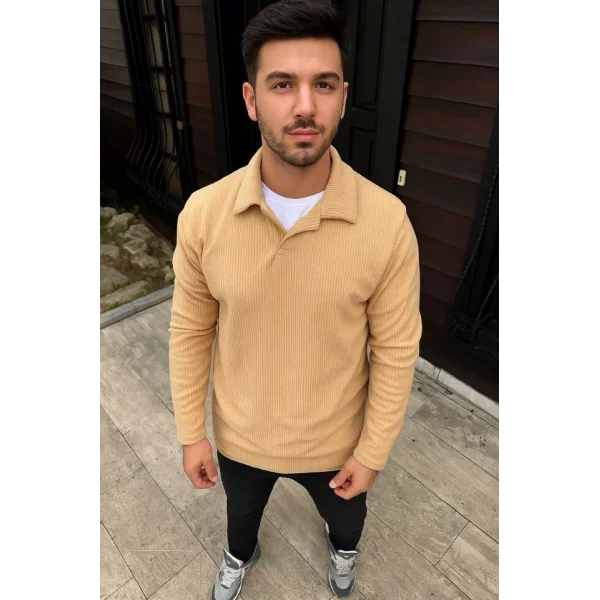 Erkek Fitilli Polar Sweatshirt – Düğmesiz Polo Yaka, Oversize Rahat Kalıp, Kalın Polar Kumaş, Kışlık Ve Baharlık Şık Günlük Üst - Bej