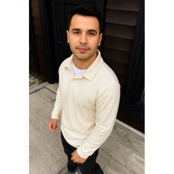 Erkek Fitilli Polar Sweatshirt – Düğmesiz Polo Yaka, Oversize Rahat Kalıp, Kalın Polar Kumaş, Kışlık Ve Baharlık Şık Günlük Üst - Beyaz