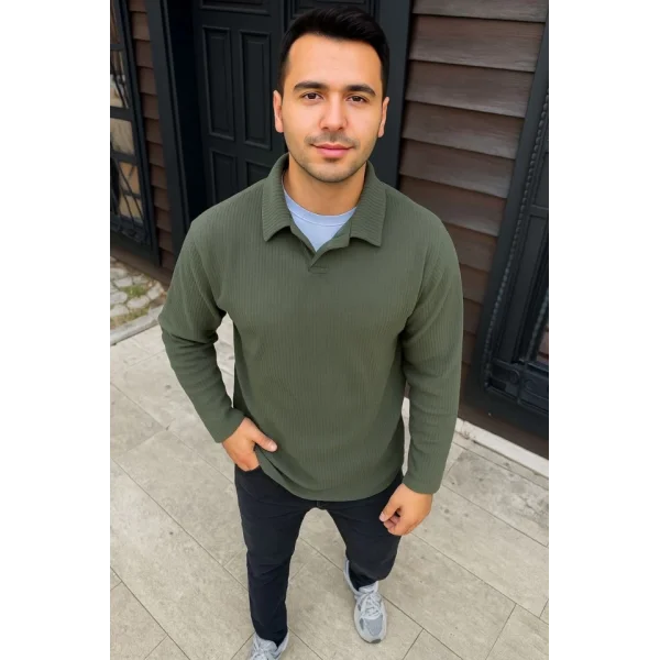 Erkek Fitilli Polar Sweatshirt – Düğmesiz Polo Yaka, Oversize Rahat Kalıp, Kalın Polar Kumaş, Kışlık Ve Baharlık Şık Günlük Üst - Haki