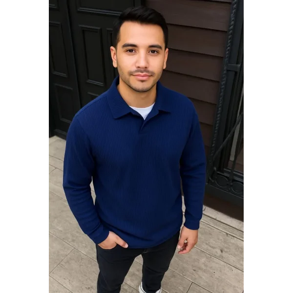 Erkek Fitilli Polar Sweatshirt – Düğmesiz Polo Yaka, Oversize Rahat Kalıp, Kalın Polar Kumaş, Kışlık ve Baharlık Şık Günlük Üst - Lacivert