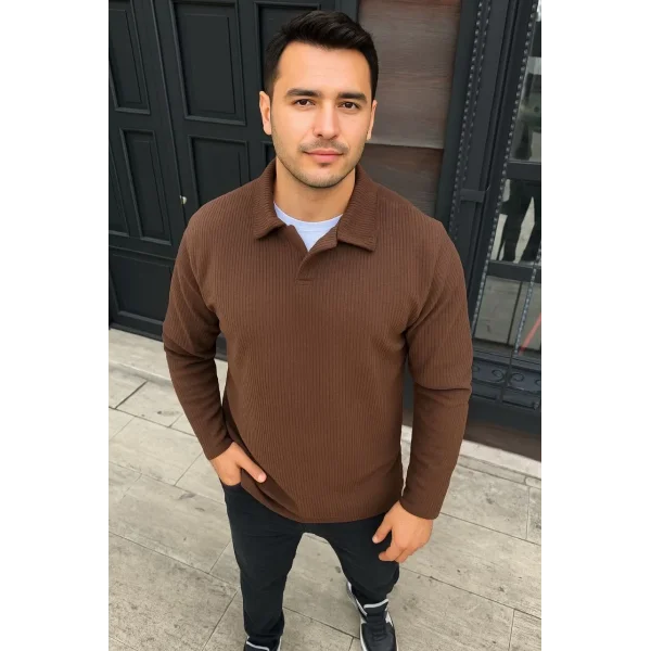 Erkek Fitilli Polar Sweatshirt – Düğmesiz Polo Yaka, Oversize Rahat Kalıp, Kalın Polar Kumaş, Kışlık ve Baharlık Şık Günlük Üst - Kahverengi