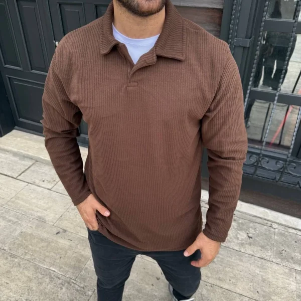 Erkek Fitilli Polar Sweatshirt – Düğmesiz Polo Yaka, Oversize Rahat Kalıp, Kalın Polar Kumaş, Kışlık Ve Baharlık Şık Günlük Üst - Kahverengi