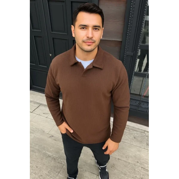 Erkek Fitilli Polar Sweatshirt – Düğmesiz Polo Yaka, Oversize Rahat Kalıp, Kalın Polar Kumaş, Kışlık Ve Baharlık Şık Günlük Üst - Kahverengi
