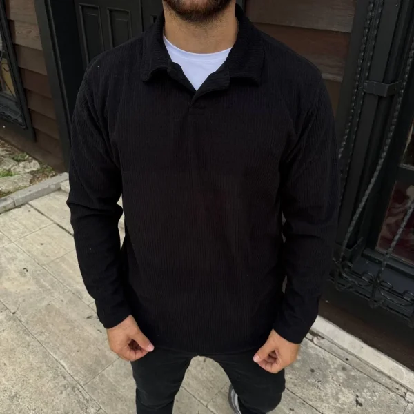 Erkek Fitilli Polar Sweatshirt – Düğmesiz Polo Yaka, Oversize Rahat Kalıp, Kalın Polar Kumaş, Kışlık ve Baharlık Şık Günlük Üst - Siyah