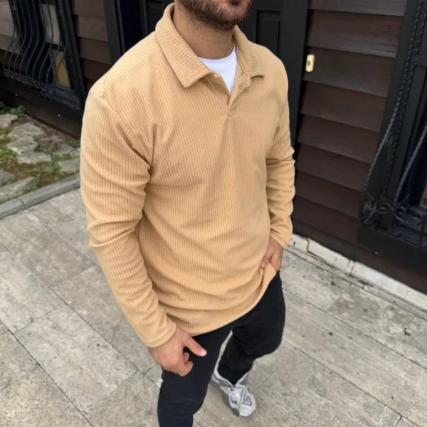 Erkek Fitilli Polar Sweatshirt – Düğmesiz Polo Yaka, Oversize Rahat Kalıp, Kalın Polar Kumaş, Kışlık ve Baharlık Şık Günlük Üst - Bej