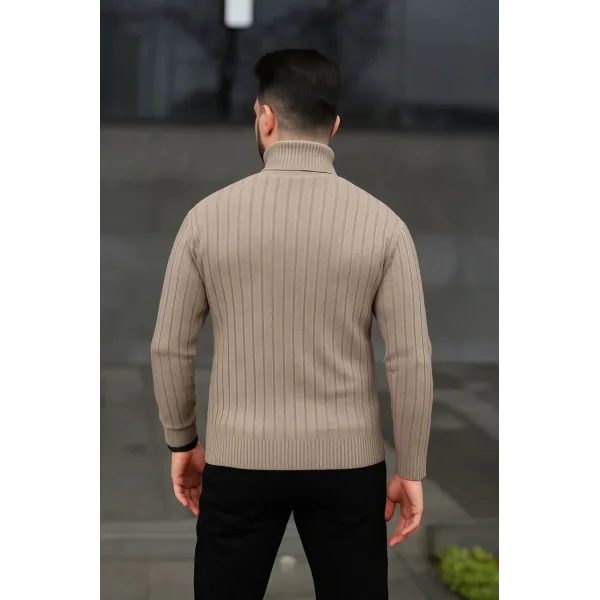 Erkek Fitilli Triko Kazak 2li Set Bej Siyah Regular Balıkcı Yaka Tam Boğazlı Triko Seti Modeli Kazak