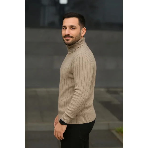 Erkek Fitilli Triko Kazak 2li Set Bej Siyah Regular Balıkcı Yaka Tam Boğazlı Triko Seti Modeli Kazak