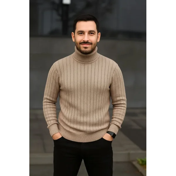 Erkek Fitilli Triko Kazak 2li Set Bej Siyah Regular Balıkcı Yaka Tam Boğazlı Triko Seti Modeli Kazak