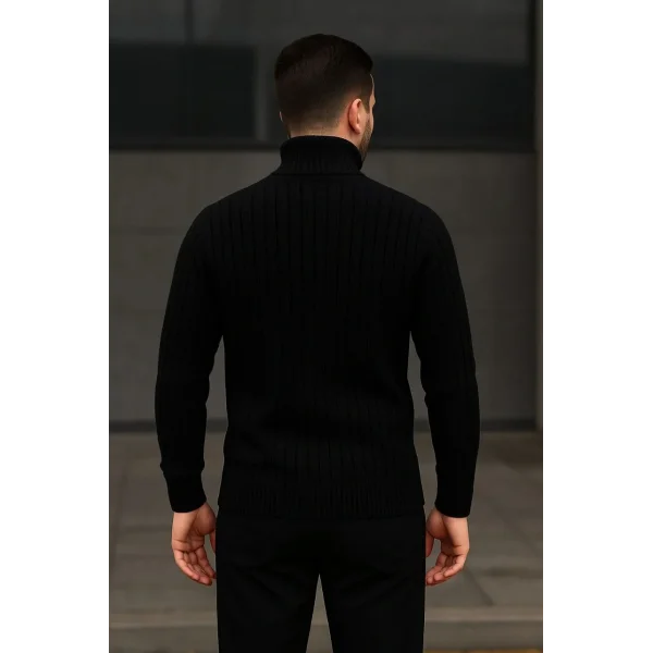 Erkek Fitilli Triko Kazak 2li Set Bej Siyah Regular Balıkcı Yaka Tam Boğazlı Triko Seti Modeli Kazak