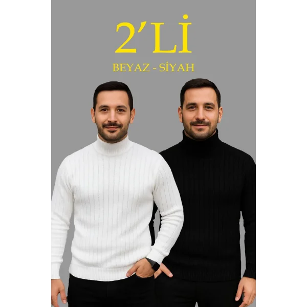 Erkek Fitilli Triko Kazak 2li Set Beyaz Siyah Regular Balıkcı Yaka Tam Boğazlı Triko Seti Modeli Kazak