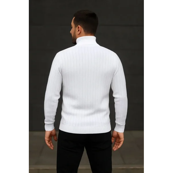 Erkek Fitilli Triko Kazak 2li Set Beyaz Siyah Regular Balıkcı Yaka Tam Boğazlı Triko Seti Modeli Kazak