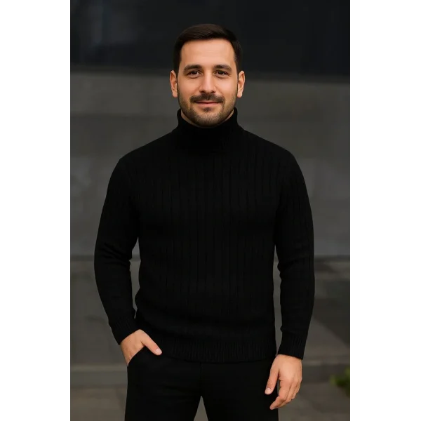 Erkek Fitilli Triko Kazak 2li Set Bordo Siyah Regular Balıkcı Yaka Tam Boğazlı Triko Seti Modeli Kazak