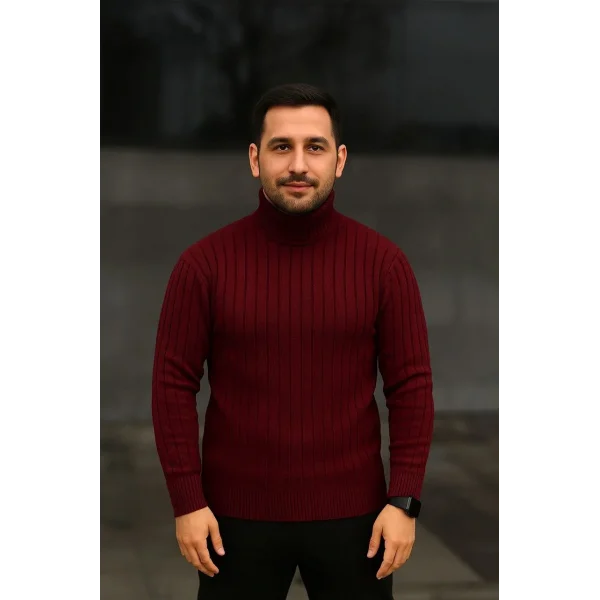 Erkek Fitilli Triko Kazak 2li Set Bordo Siyah Regular Balıkcı Yaka Tam Boğazlı Triko Seti Modeli Kazak