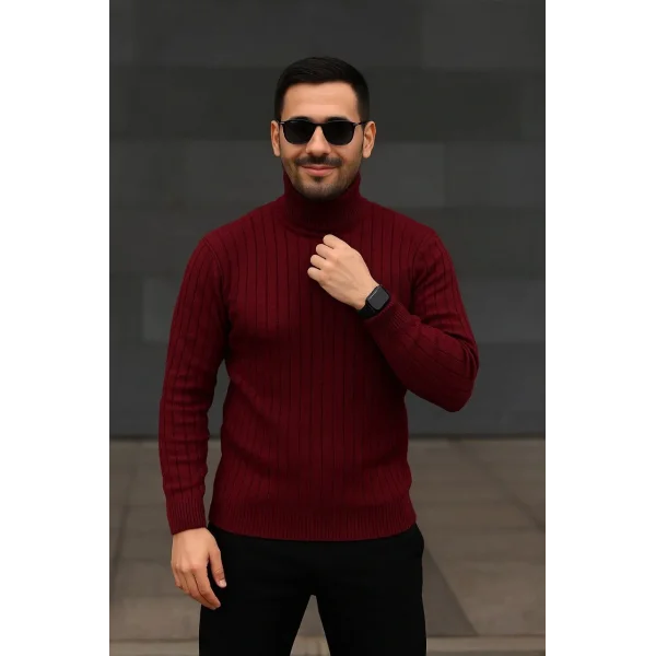 Erkek Fitilli Triko Kazak 2li Set Bordo Siyah Regular Balıkcı Yaka Tam Boğazlı Triko Seti Modeli Kazak